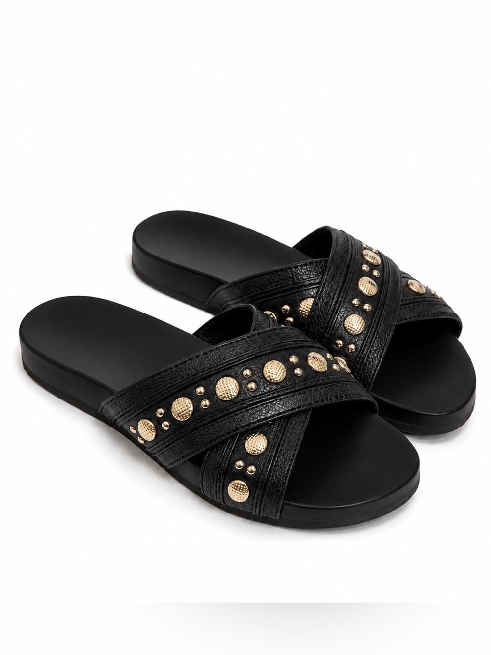 Rebecca Minkoff Tori Leather Studded Slide Sandals Black Gold Size 7.5